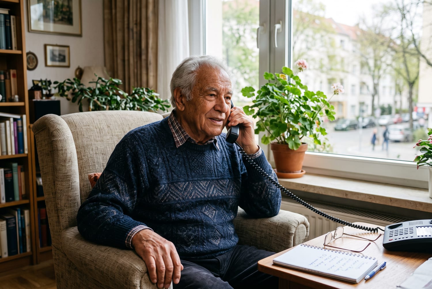 Ein älterer Mann sitzt in seinem Sessel am Fenster und telefoniert