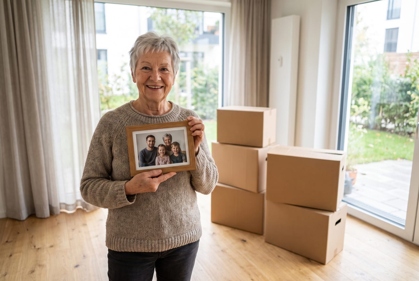 Eine Seniorin steht lächelnd mit einem gerahmten Familienfoto in ihrer neuen Wohnung.