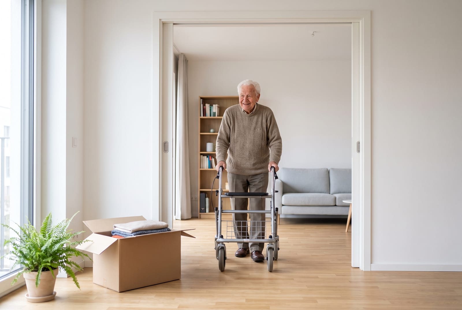 Ein älterer Herr mit Rollator in seiner neuen barrierefreien Wohnung mit breiten Türen.